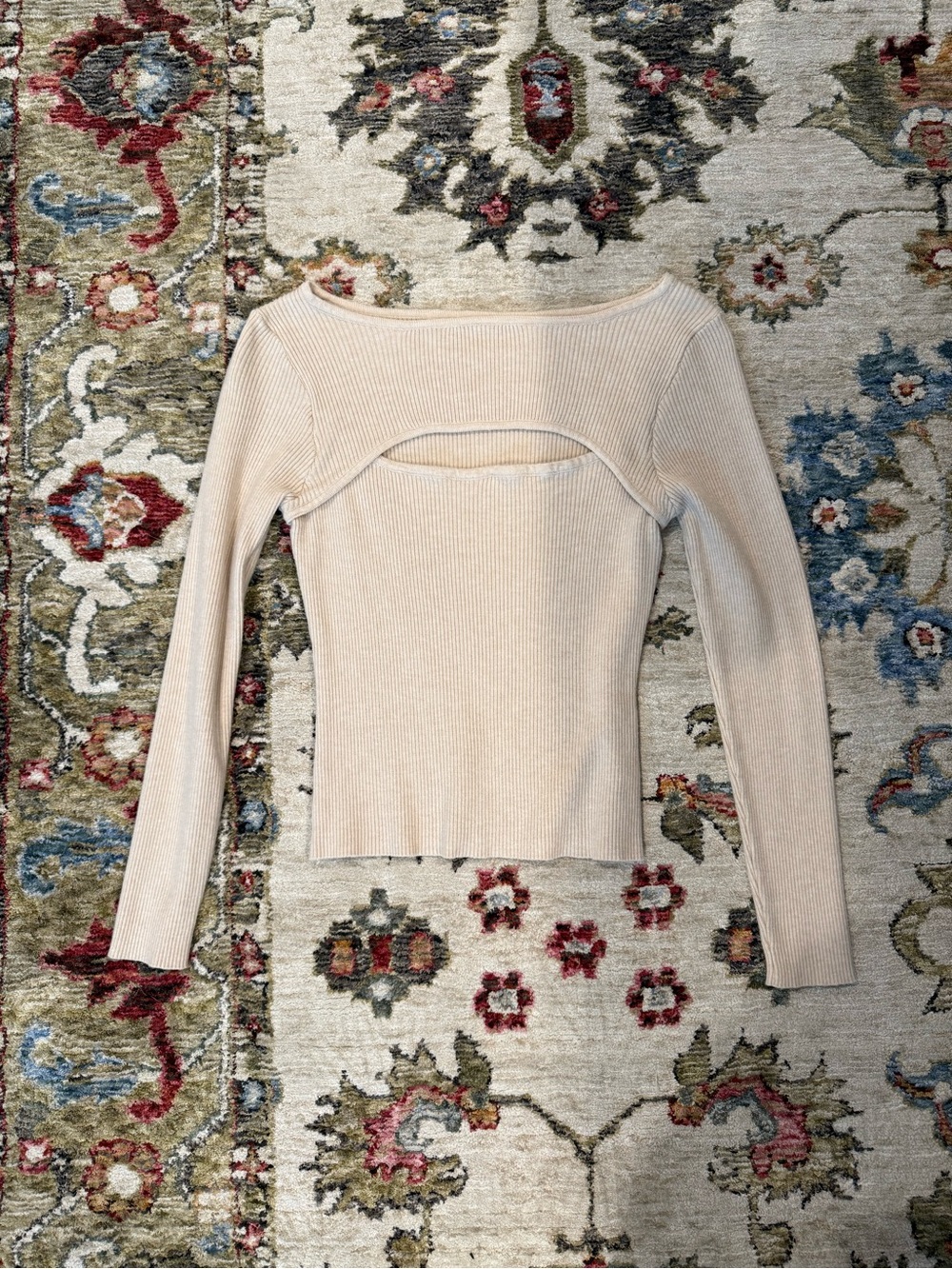 Amazon Cream Ribbed Long-Sleeve Cutout Top